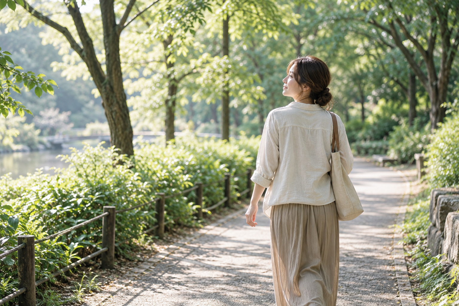 緑のある公園を自分のペースで歩く女性