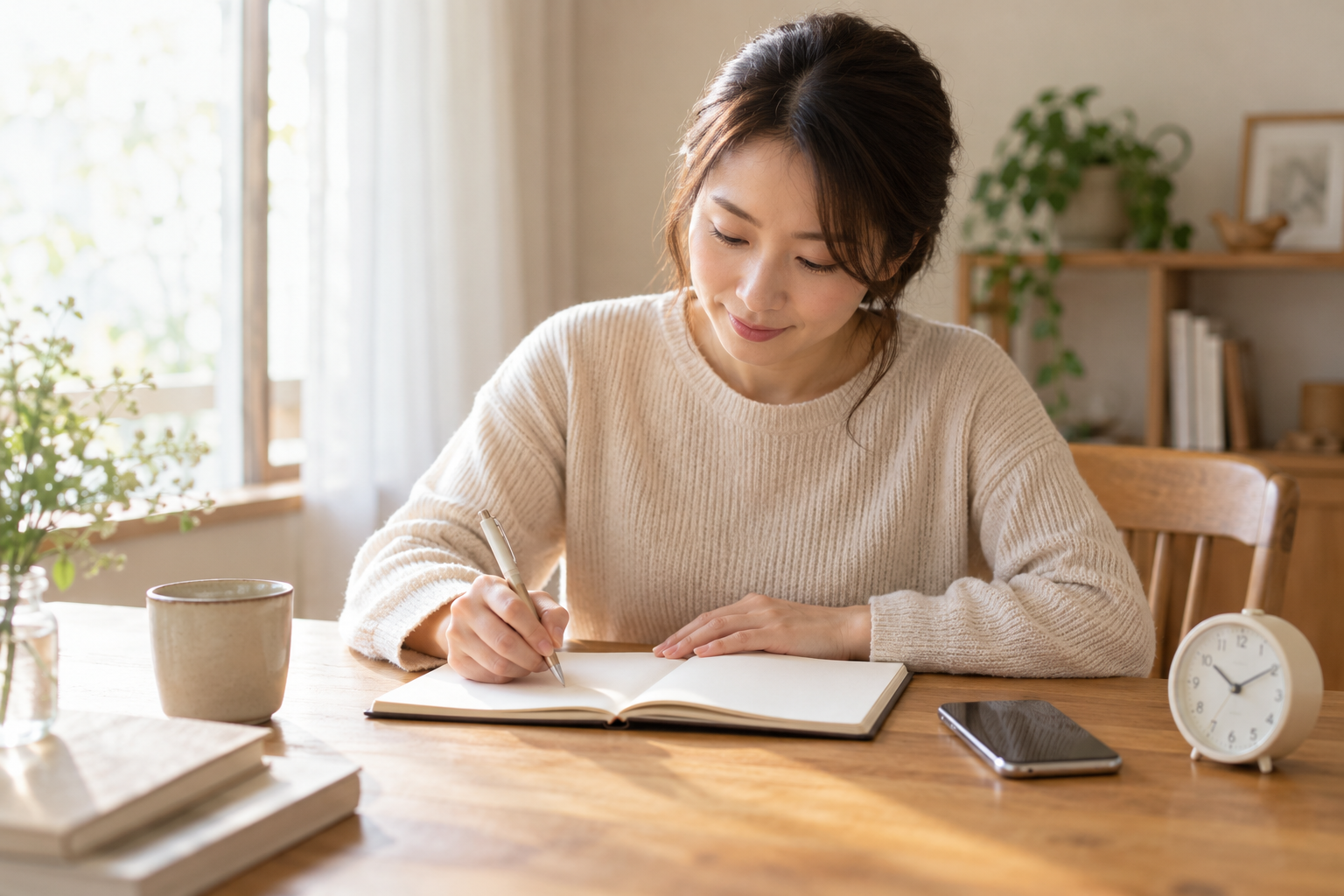 相談前に確認したいことをノートへ書き出す女性