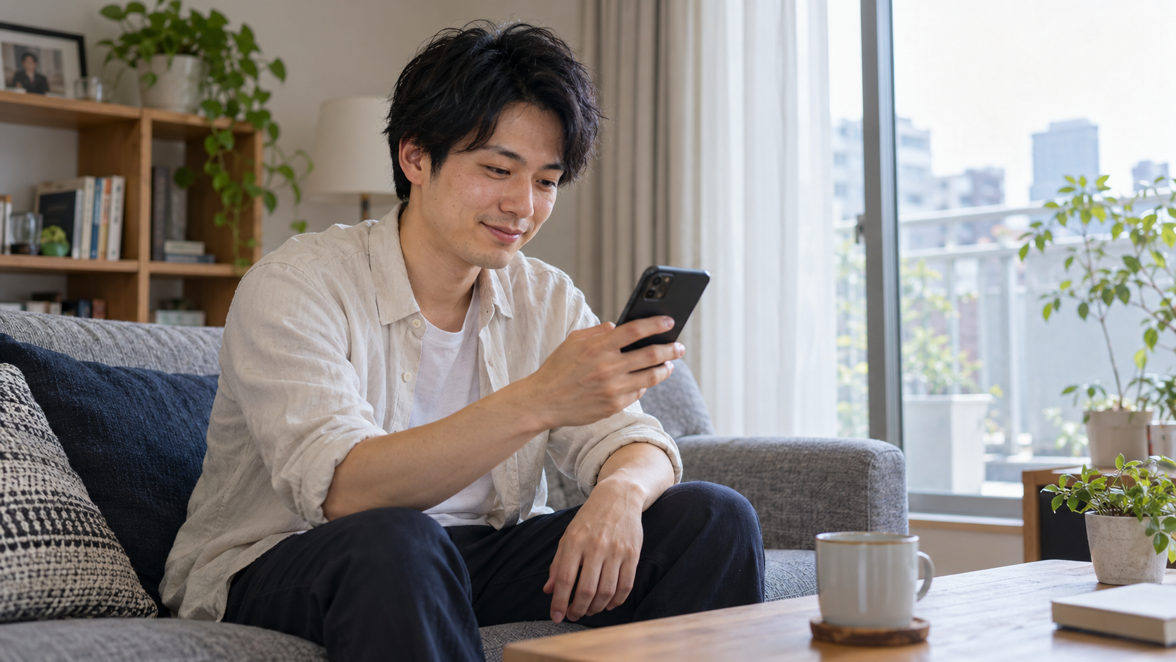 部屋でスマートフォンのメッセージを読む男性
