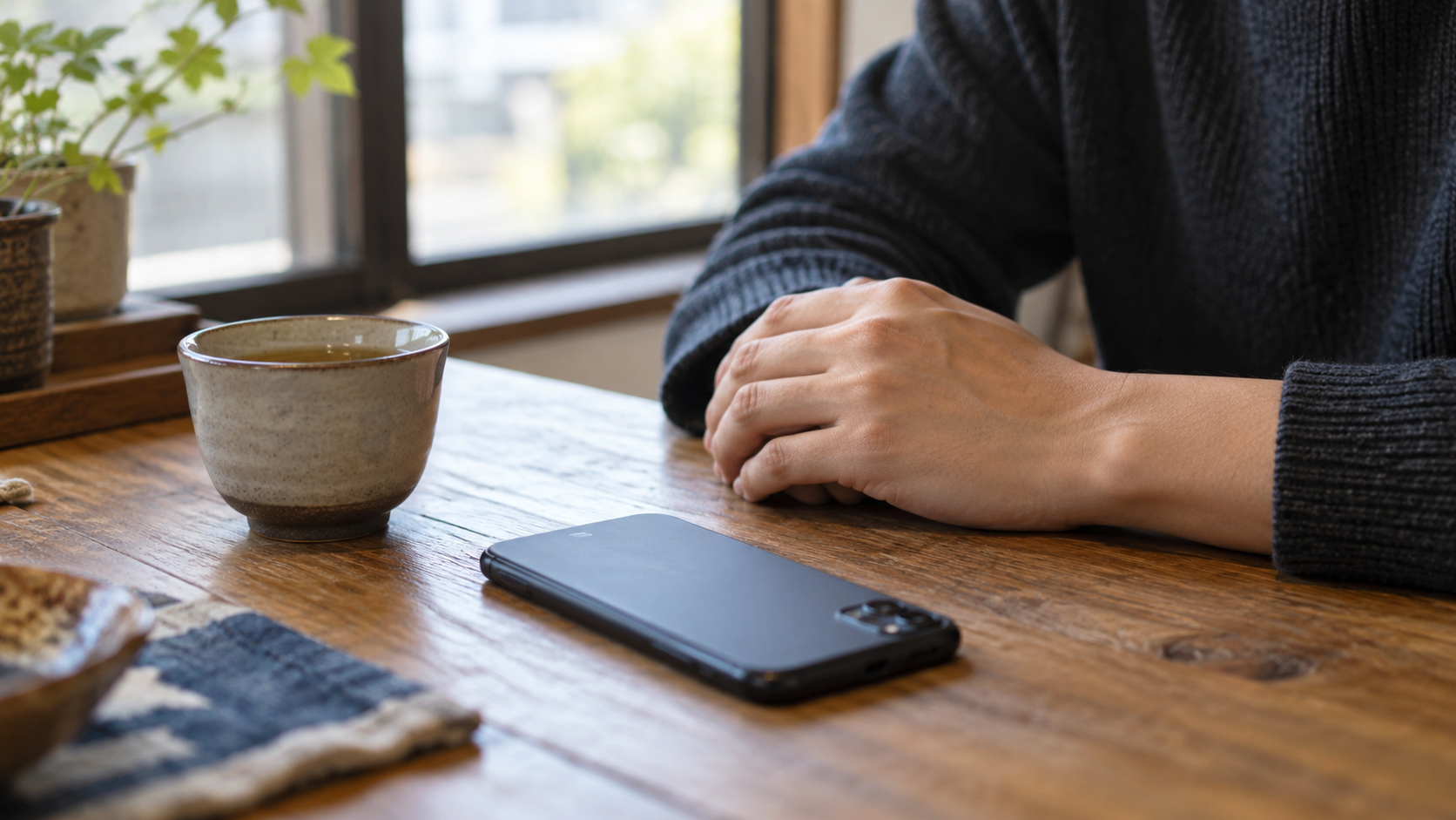 スマートフォンを置いて考える時間を取る場面