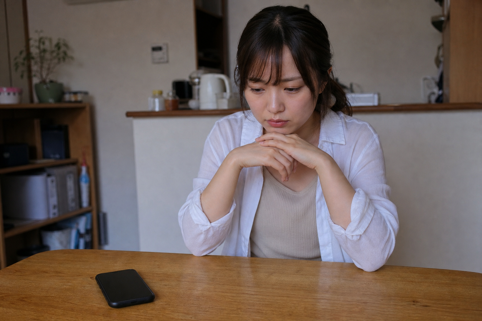 強い拒否を受けて連絡を控え、スマホを机に置いたまま沈んだ表情で座る人