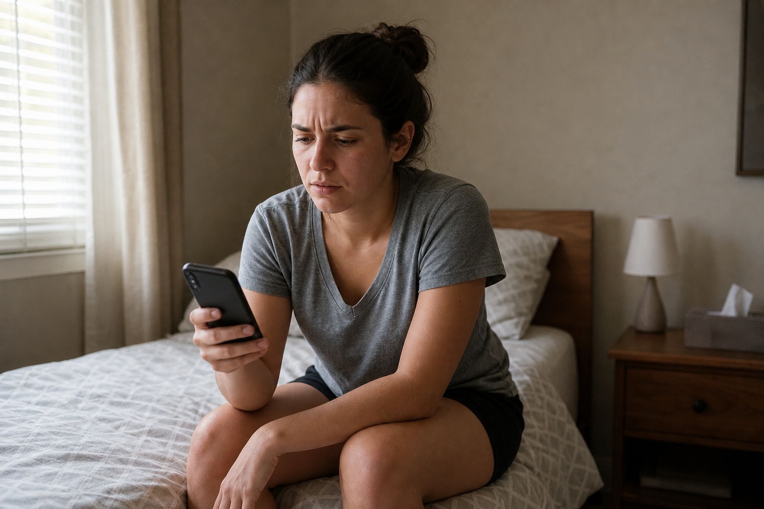 スマホを見つめながら、届いた返事の意味を考えて表情を曇らせている人