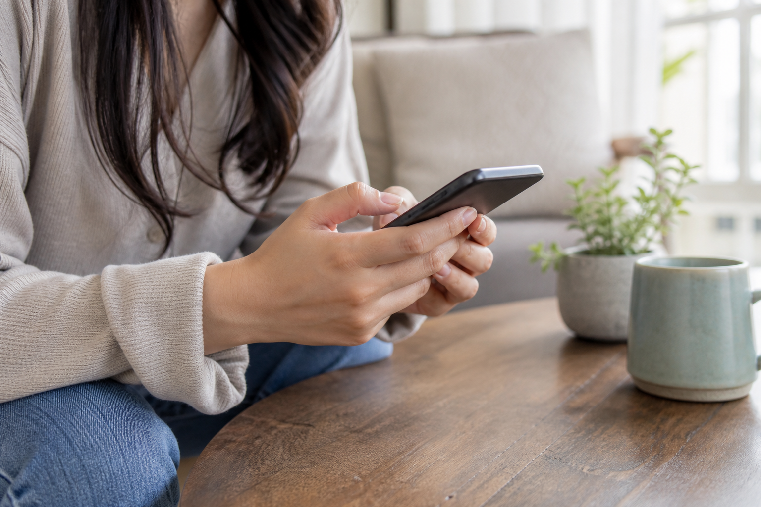 テーブルの上でスマホを持ち、最初の謝罪LINEの文章を慎重に考えている人の手元